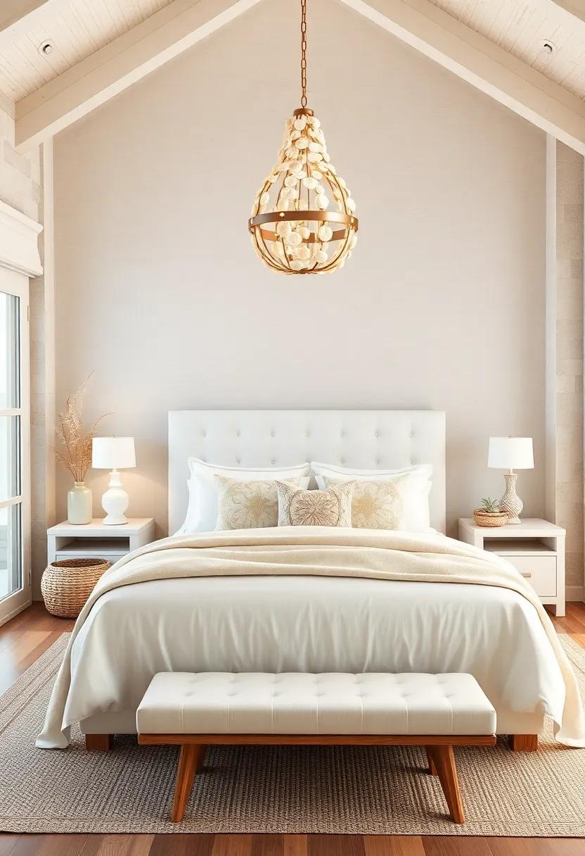 Seashell Chandeliers Casting Gentle Illumination Over A Serene Bedroom With Soft White Upholstered Headboard