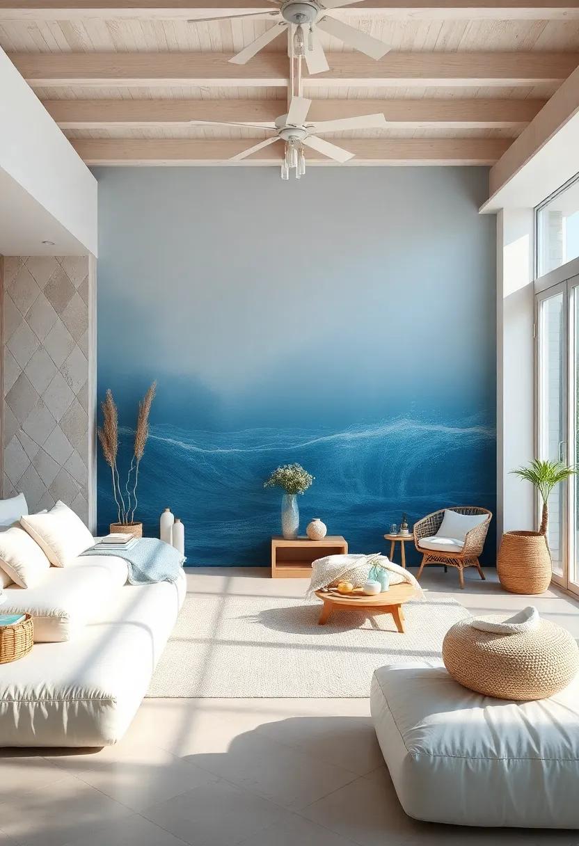 A Serene Bedroom Featuring Crisp White Furniture Against A Muted Blue Ombre Wall Mimicking Ocean Depths