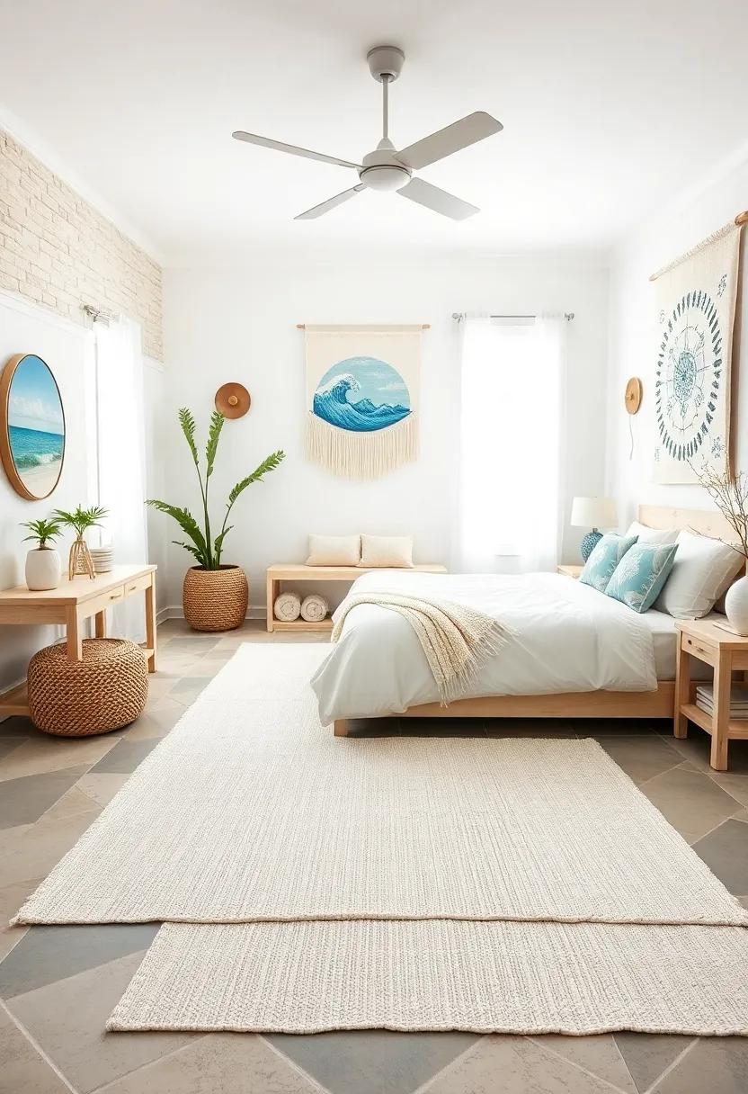 Handwoven Soft White Rugs With Subtle Wave Patterns Complementing Oceanic Themed Wall Hangings And Pillows