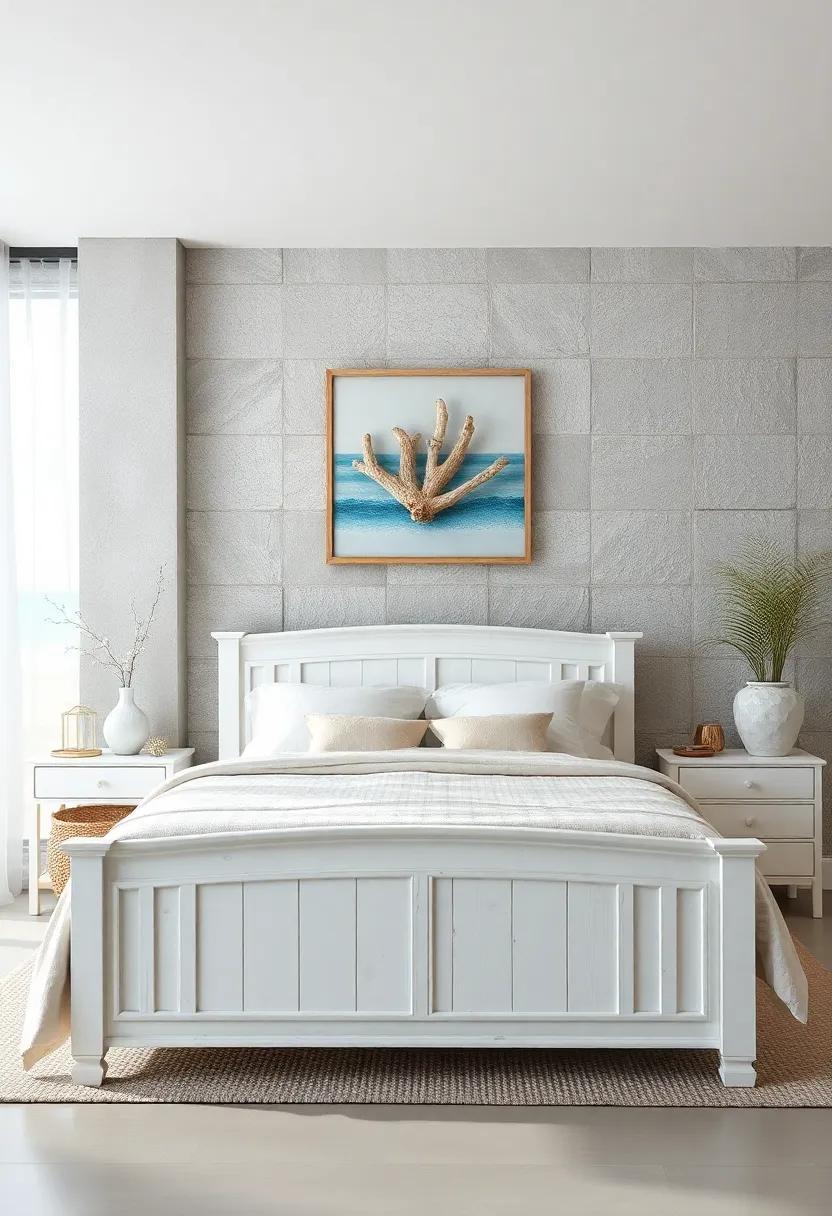 Coastal Textured Walls With Driftwood Mounted Art Above A Soft White Wooden Bed Frame Embracing Oceanic Hues