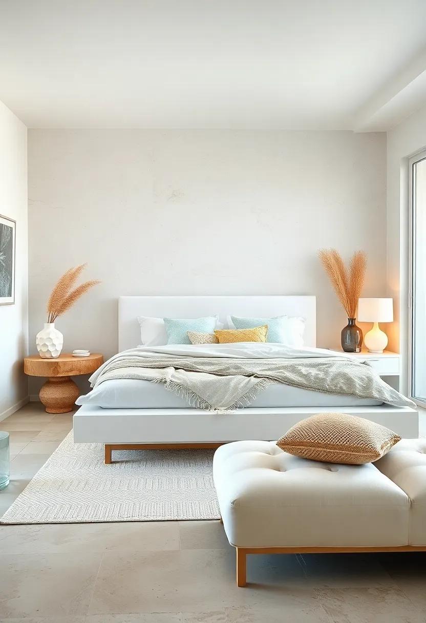 Low Profile White Platform Bed Arranged With Layered Linen Textures In Shades Evoking Sandy Beaches And Ocean Foam