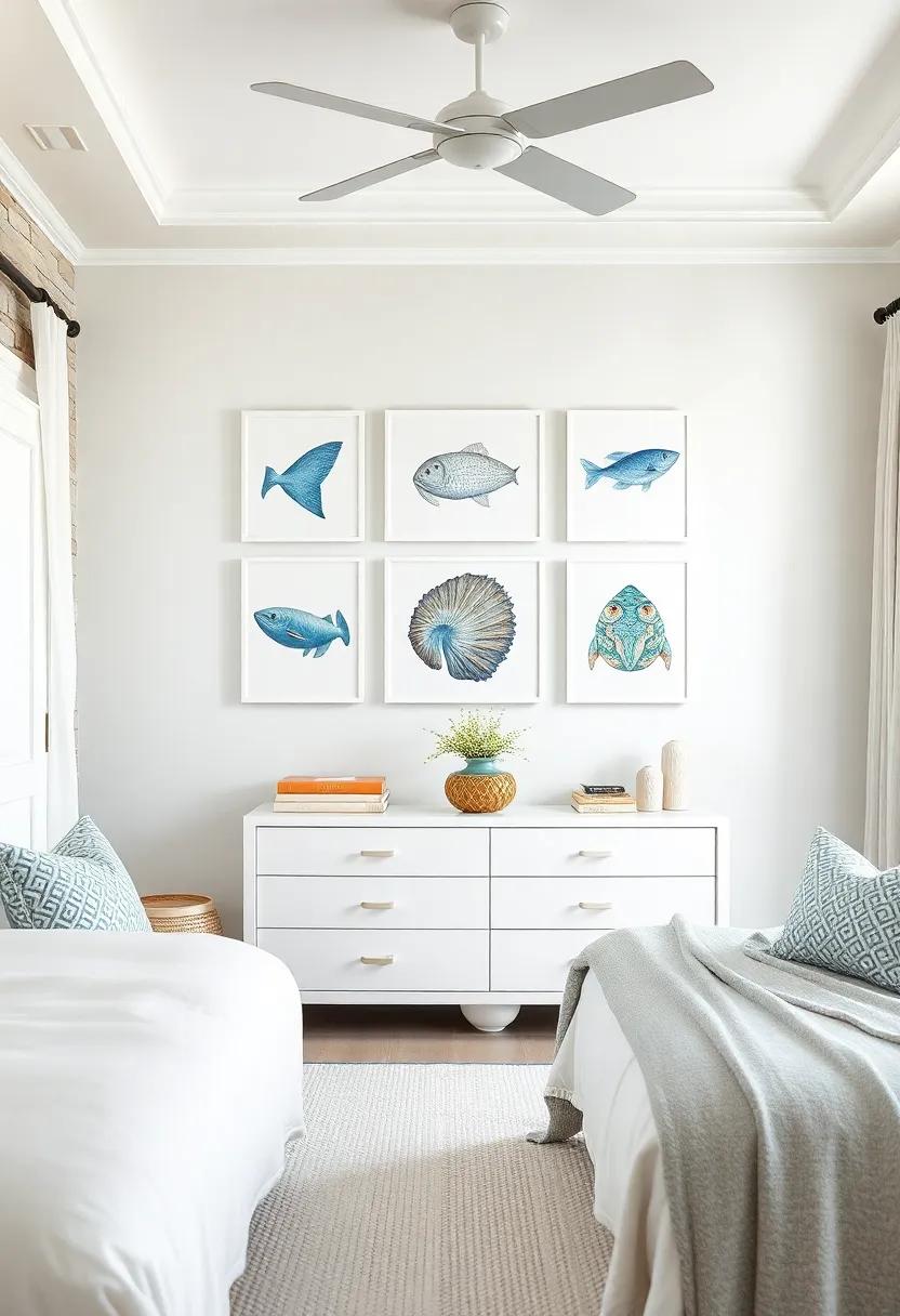 An Ocean-Inspired Gallery Wall Displaying Art Prints Of Marine Life Above A Sleek Soft White Dresser