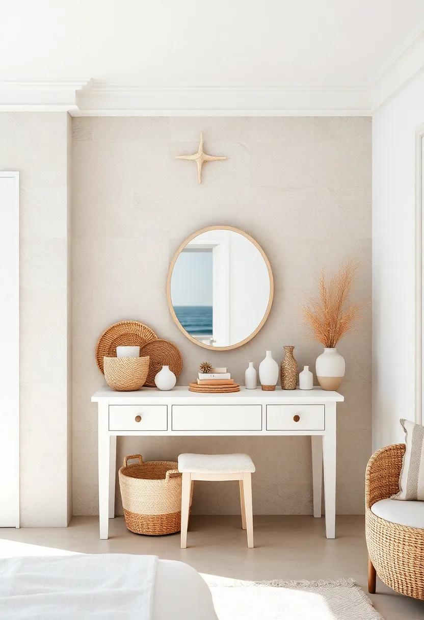 Natural Fiber Baskets And Ocean-Inspired Decorative Objects Arranged Under A Minimalist Soft White Vanity