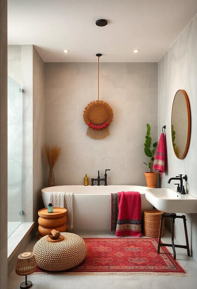 Exotic Textiles: Incorporate colorful textiles, like a patterned shower curtain or soft towels, to add a pop of personality