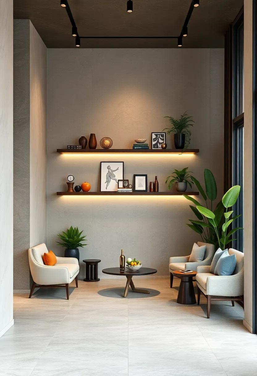 Sleek Floating Shelves Displaying Eclectic Objects And Greenery For A Personalized Boutique Look