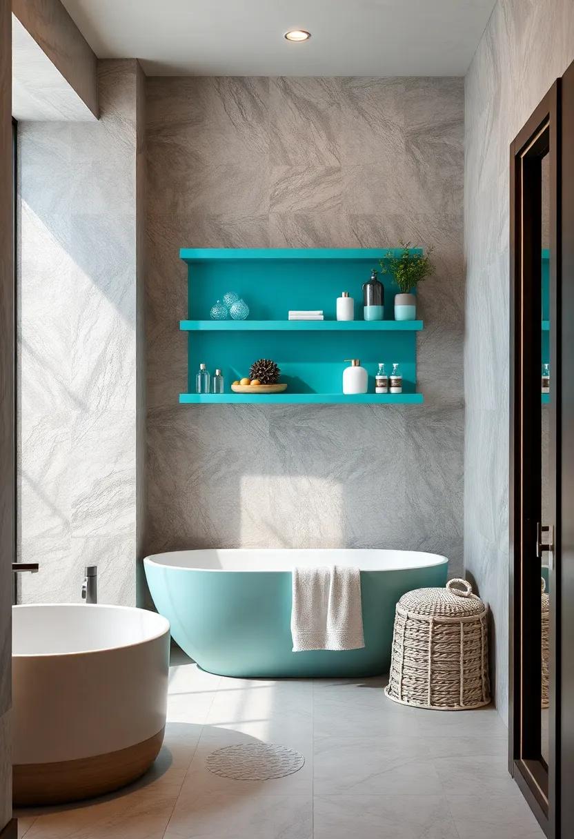 Floating Shelves: Install floating shelves painted in turquoise​ to display your favorite decorative pieces ⁢or bath products stylishly