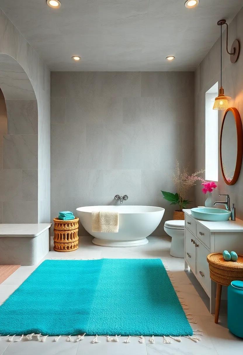 Colorful Rugs: Use a soft,‍ turquoise bath mat ⁢or rug to add ​color ‌underfoot and complement your overall coastal theme
