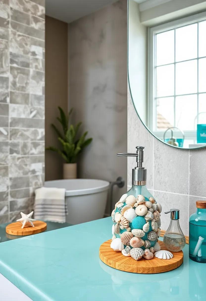 Seashell Soap dispenser: ‌Find or DIY a soap dispenser ‍adorned ​with seashells in shades ‍of turquoise for a⁢ quirky yet cohesive decor item