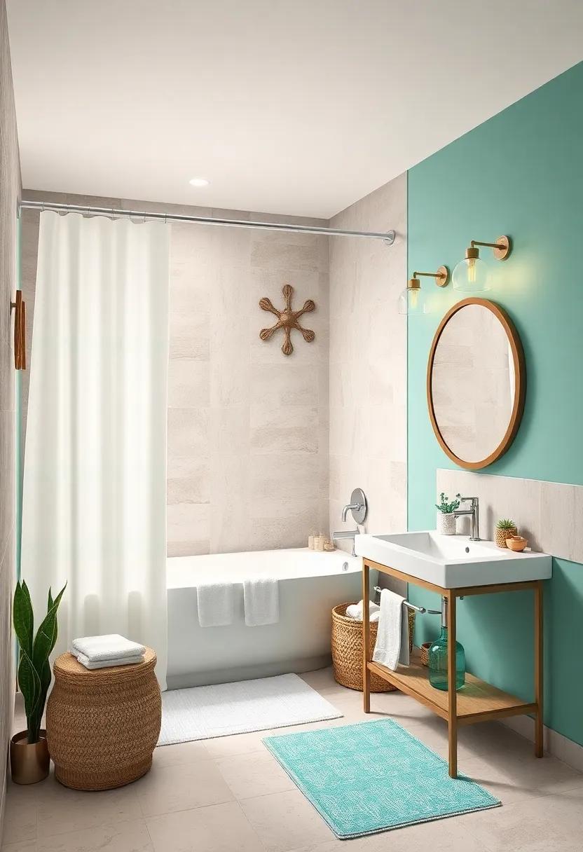 Beachy Shower Curtain: Choose‍ a shower ‍curtain with a subtle ‍turquoise pattern or ocean-inspired design to create a cohesive coastal theme