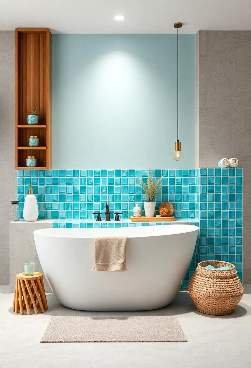 Turquoise Tiles: Consider adding turquoise mosaic tiles as a backsplash or accent wall for a‌ stunning, eye-catching feature ‍in your bathroom