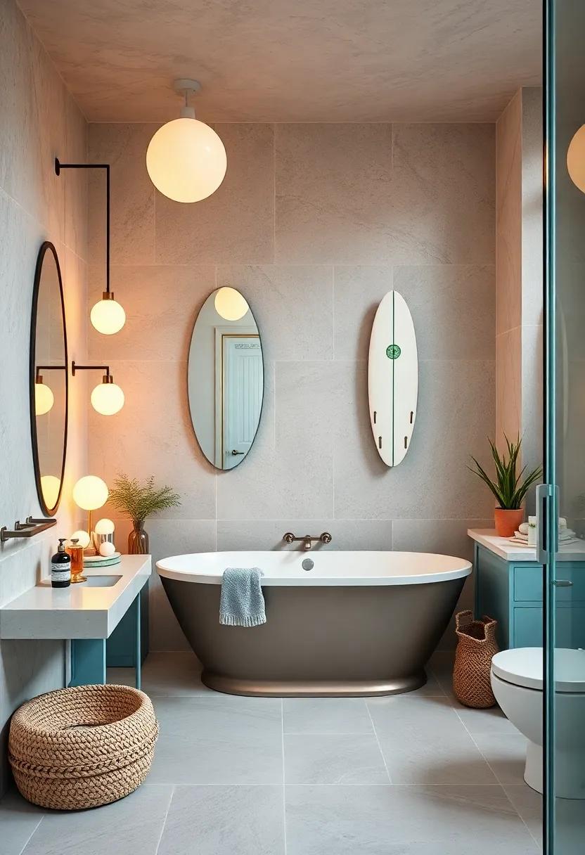 Beach-Themed Bathroom With Warm Globes Reflected in Mirrored Surfboard Accents and Pale Blues