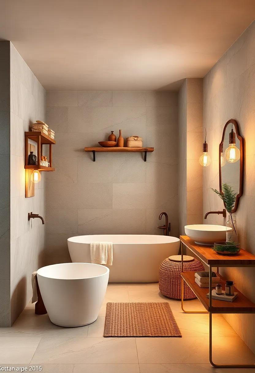 Calm Ocean Retreat Bathroom Illuminated by Warm Edison Bulbs and Driftwood Shelving