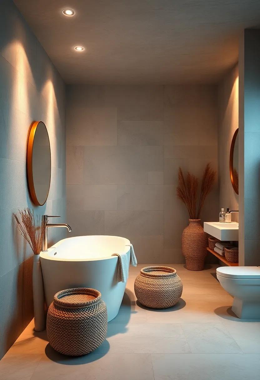Coastal Bathroom Oasis With Amber Downlights and Seagrass Baskets for an Earthy, Inviting Glow