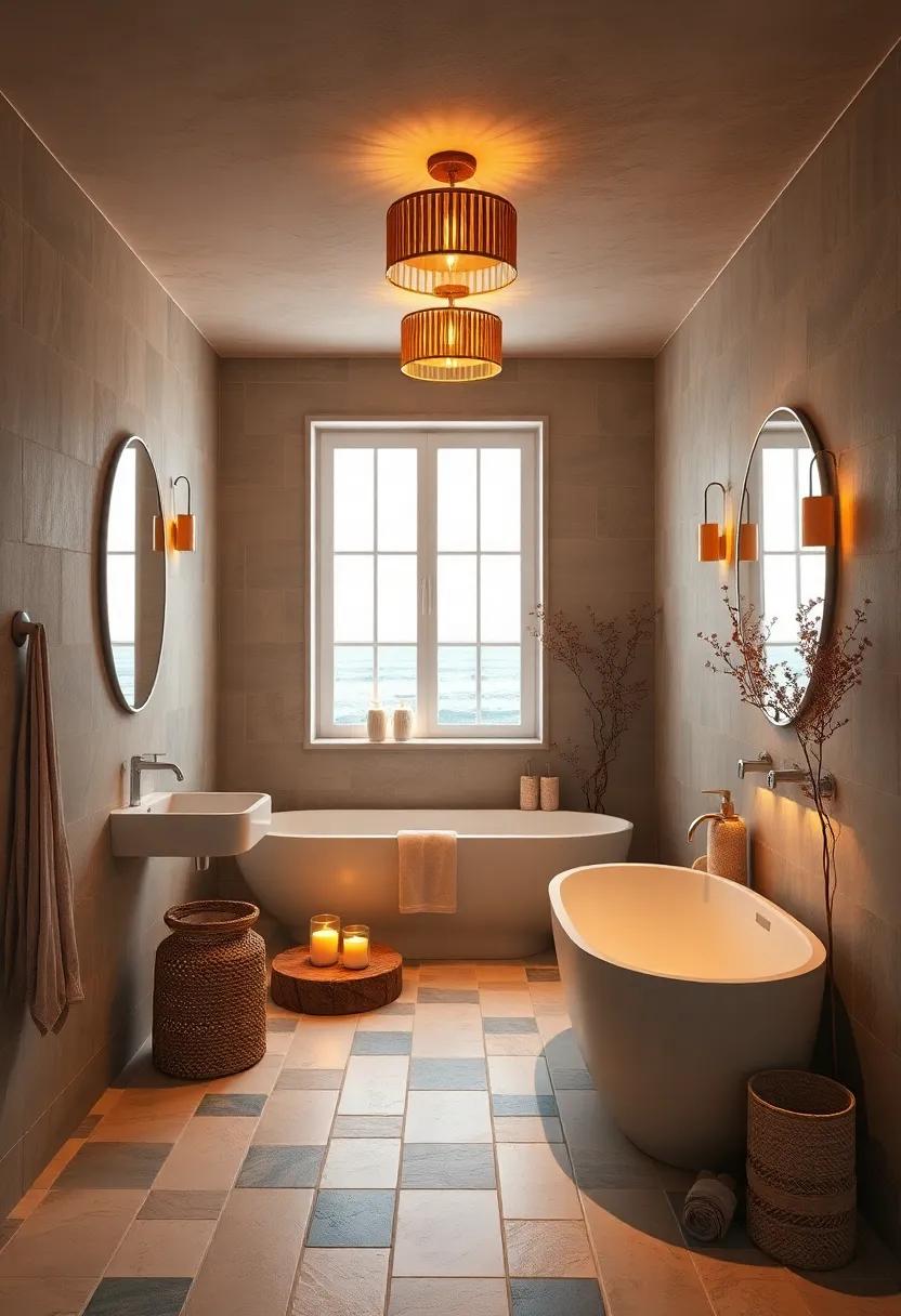 Coastal Calmness Captured Through Candlelit Jars and Soft Amber Ceiling Fixtures Over Tumbled Tiles