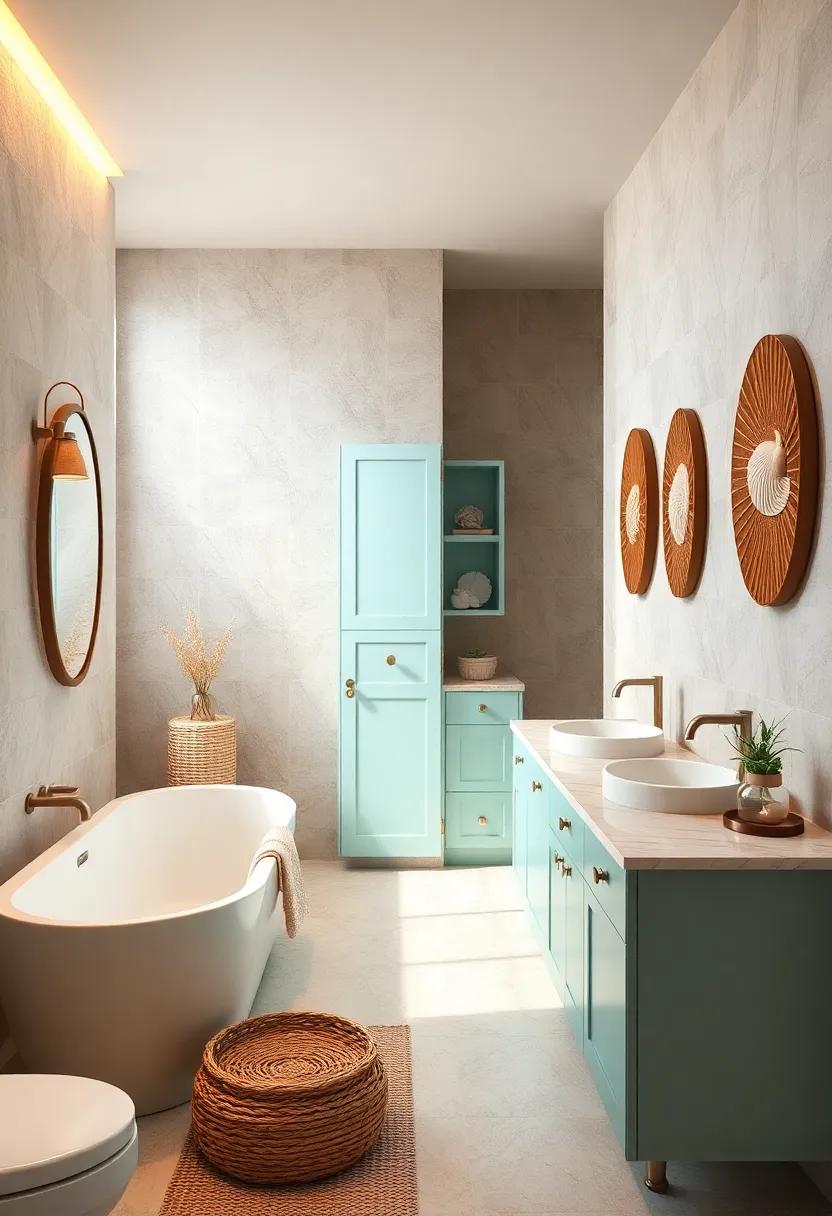 Coastal Bathroom Retreat With Warm Lighting Emphasizing Pale Teal Cabinets and Seashell Displays