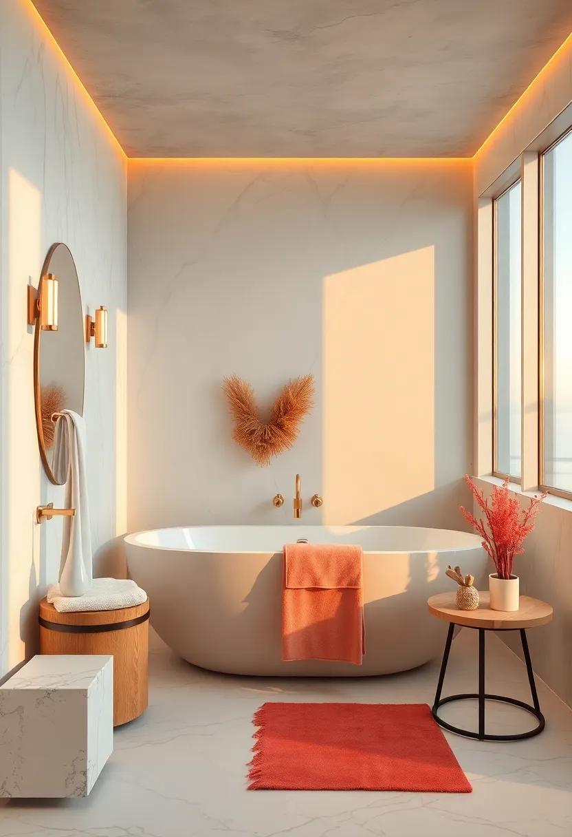 Golden Hour Glow Enhancing a Spa-Like Coastal Bathroom With White Marble and Coral Textures