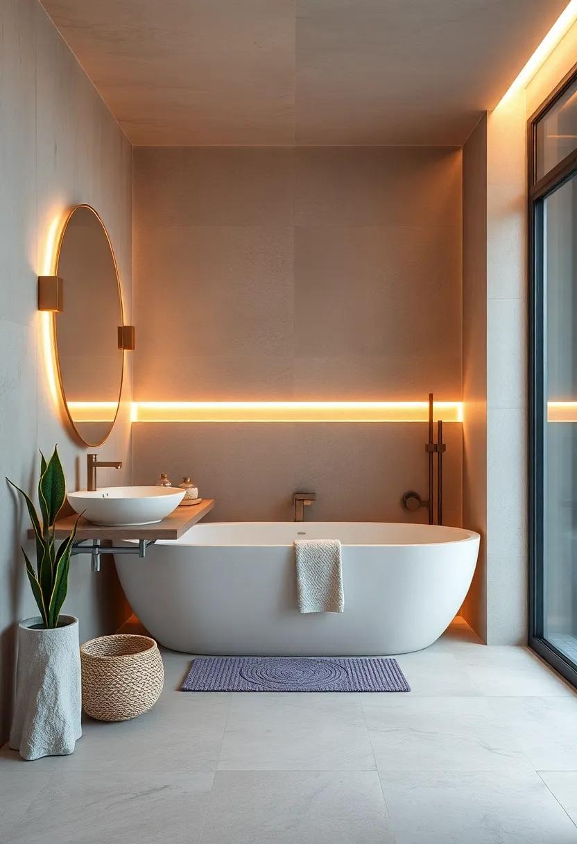 Minimalist Coastal Bathroom Featuring Warm LED Strips Highlighting Textured Seashell Accents