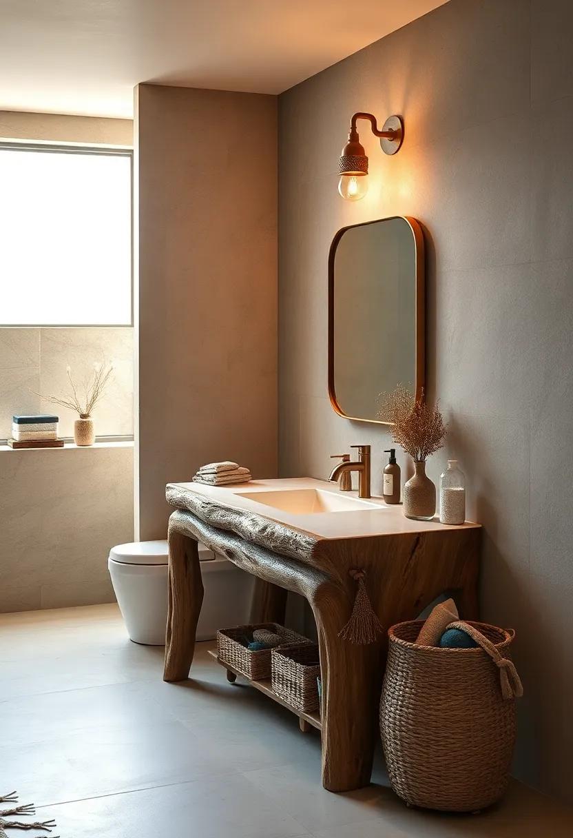 Rustic Driftwood Vanity Bathed in Warm Light Creating a Peaceful Seaside Ambiance