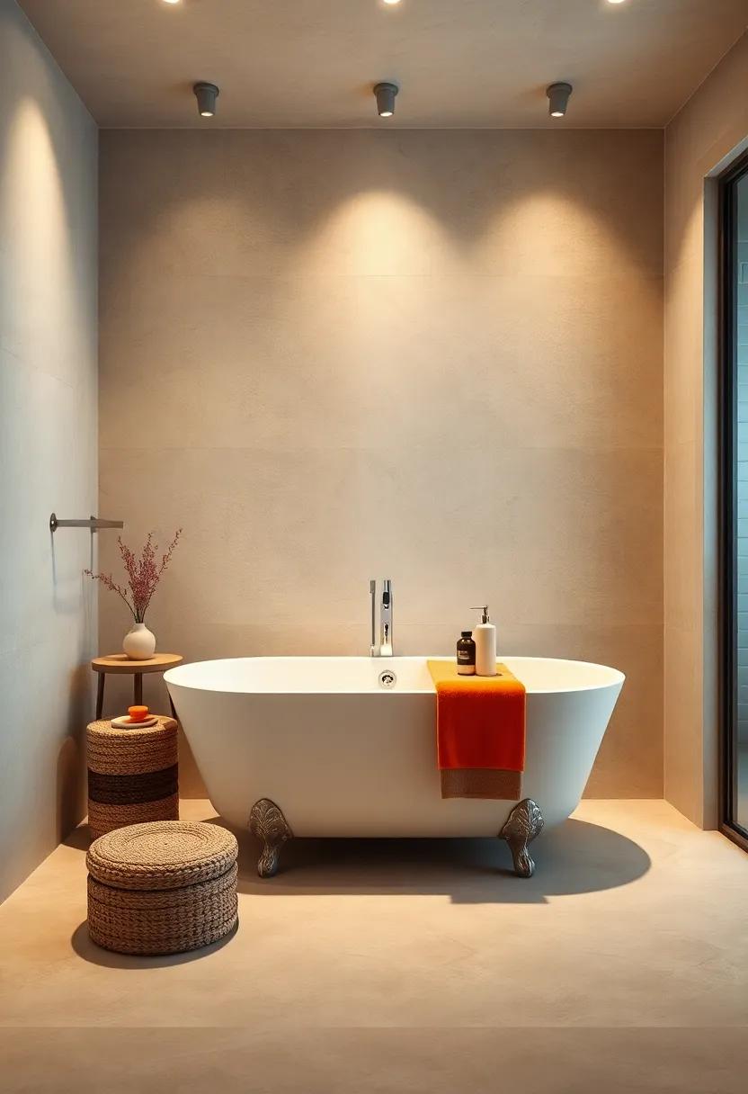 Sandy Toned Bathroom With Warm Spotlights Illuminating a Weathered Wooden Bathtub Caddy