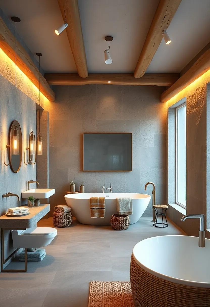 Seaside Serenity in a Bathroom With Warm Tungsten Lighting and Light Driftwood Beams