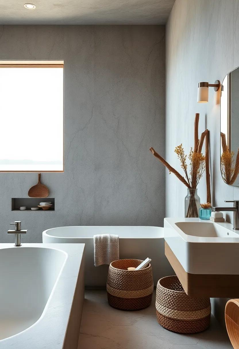 Serene Coastal Bathroom With Soft Amber Glow Reflecting Off Weathered Driftwood Accents