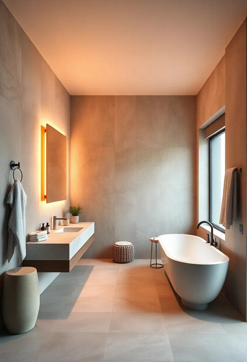 Serene Shoreline Inspired Bathroom With Amber Backlit Mirrors and Muted Ocean Hues