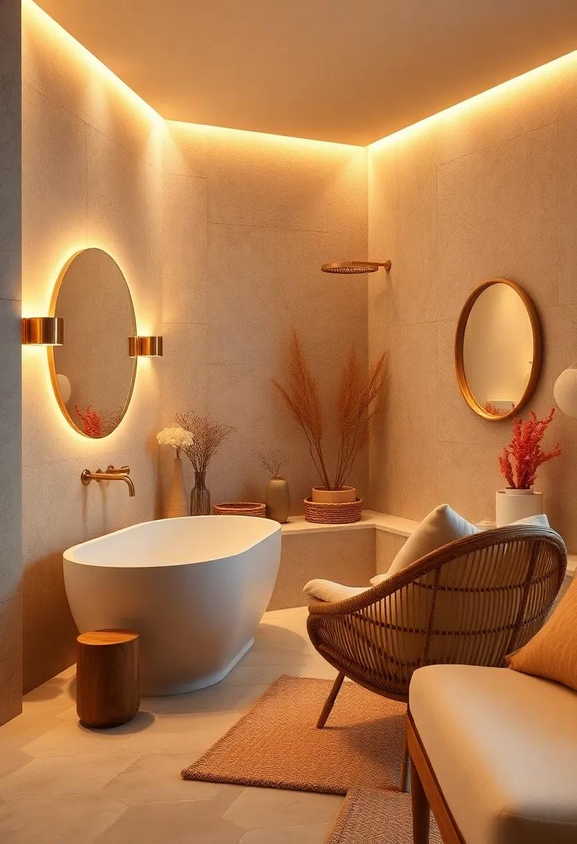 Soft Golden Illumination Casting a Tranquil Aura Over Coastal Wicker Furniture and Coral Decor