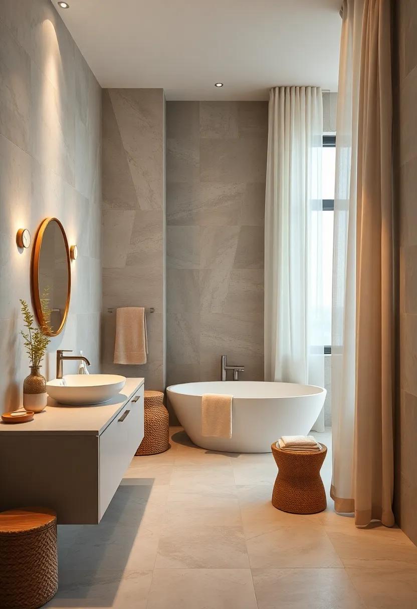 Soft Ambient Lighting Over Coastal Ceramic Tiles and Linen Drapes Creating a Calm Bathroom Haven