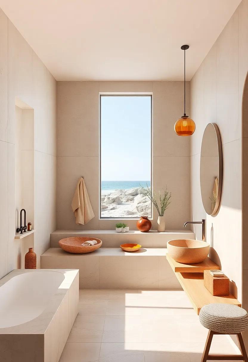Sunlit Coastal Bath Sanctuary with Amber Pendant Lights and Sandstone Vessel Sinks