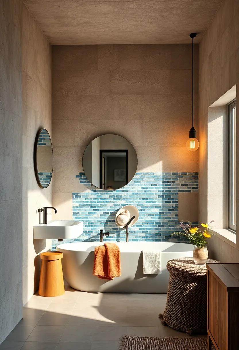 Sunlit Coastal Bathroom Embracing Warm Halogen Lights Highlighting Marine Blue Mosaic Walls