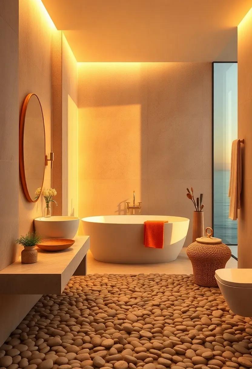 Sunset-Inspired Warm Illumination Diffusing a Relaxed Coastal Mood Over Smooth Pebble Flooring