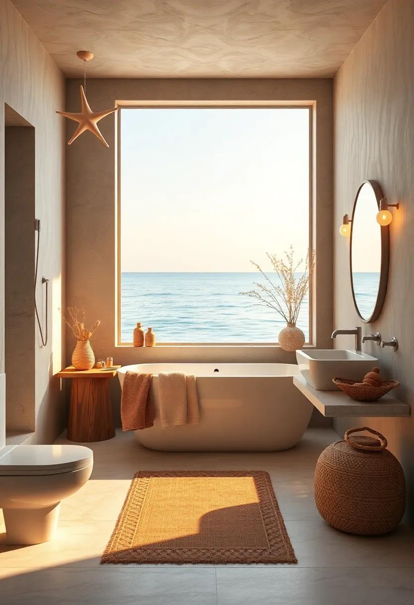 A Tranquil Beach-Inspired Bath Space Bathed in Golden Sunset Hues and Natural Linen Textures