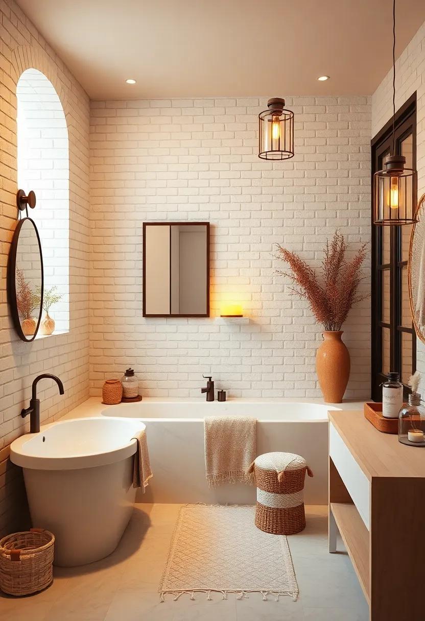 Warm Lighting Reflecting Off Breezy White Curtains and Ocean-Inspired Art in a Tranquil Bath