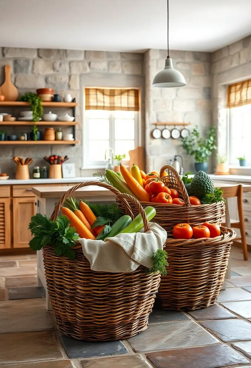 Charming Wicker Baskets Overflowing with Organic Vegetables on a Stone Floor Kitchen