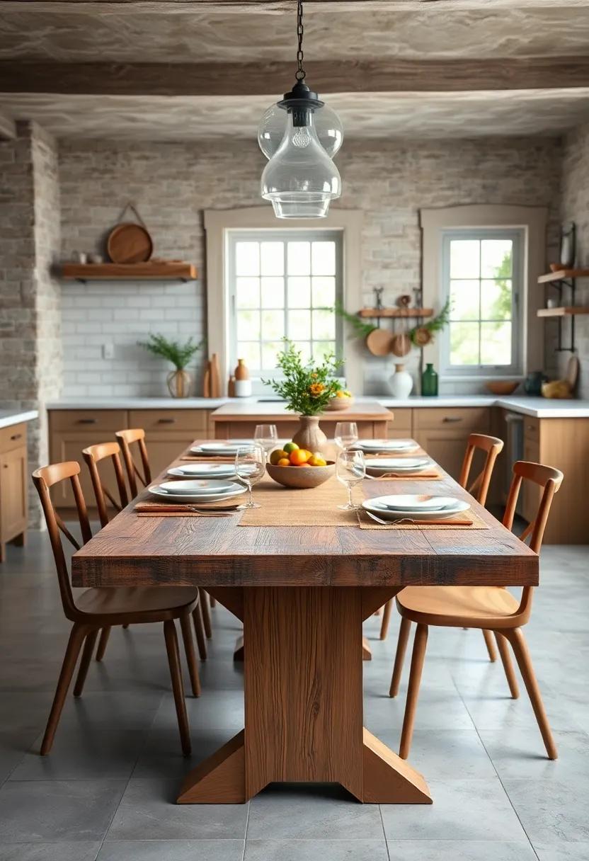 Coarse Burlap Table Runner Layered Over a Hand-Scraped Oak Table Set for a Family Meal