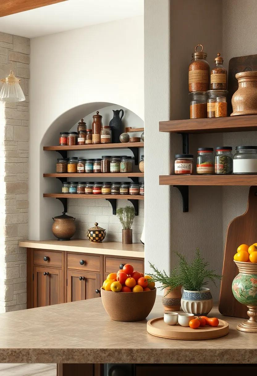 A Collection of Vintage Spice Jars on Rustic Shelves Filling the Room with Nostalgic Charm