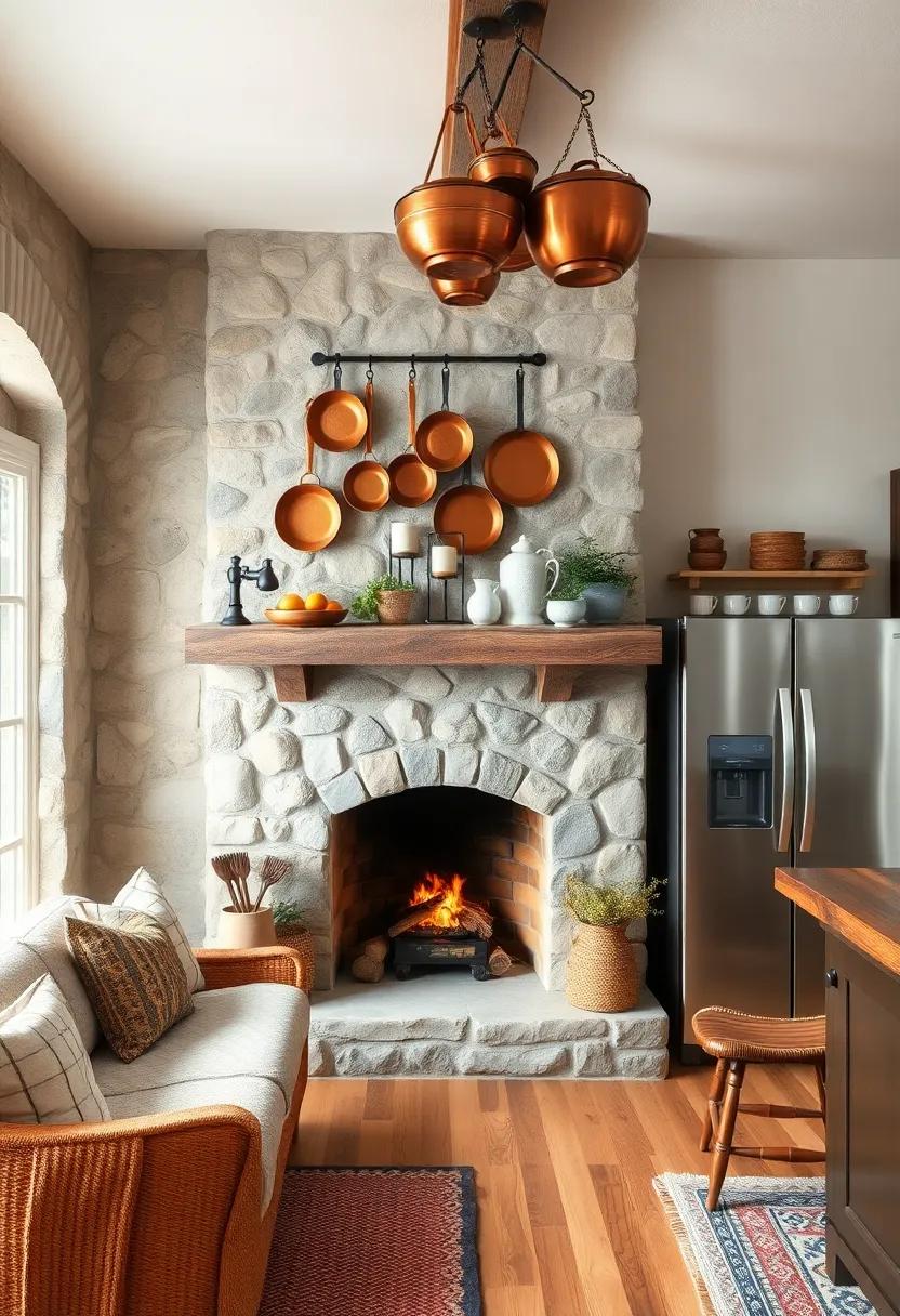 Cozy Hearth Kitchen Corner Featuring a Stone Fireplace and Antique Copper Pots Hung Above
