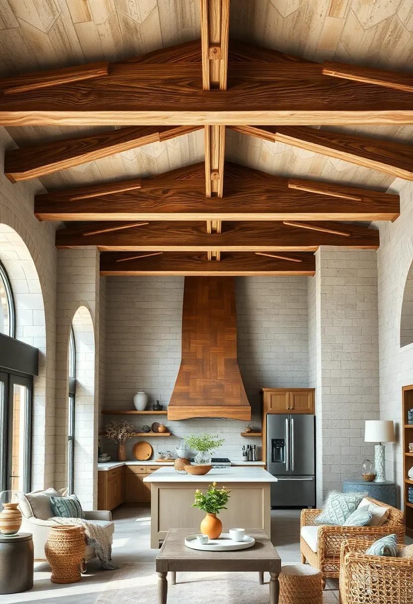 Delicately Carved Wooden Beams Crisscrossing a High Ceiling Above an Inviting Kitchen Space