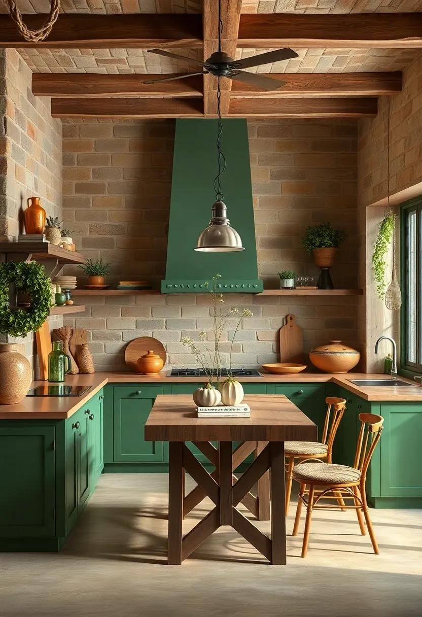 Earthy Color Palette of Warm Ochres and Deep Greens Blending Harmoniously in a Rustic Kitchen