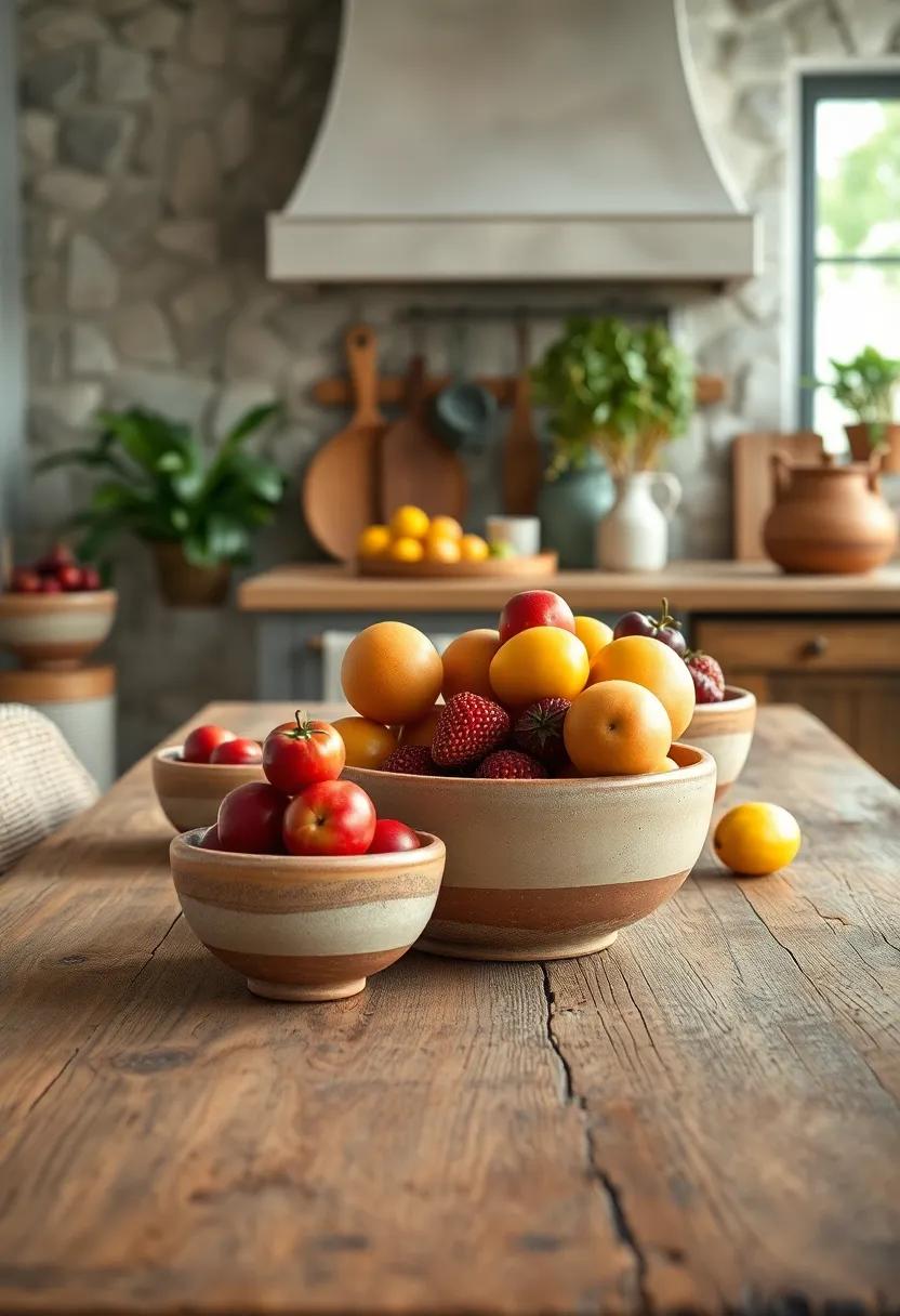 Handcrafted Clay Bowls Filled with Freshly Harvested Fruits Set Against a Rough Wooden Table
