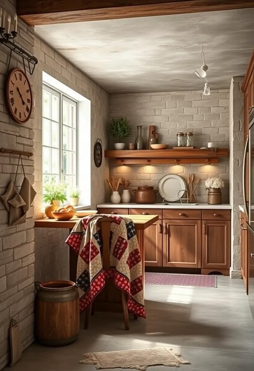 Handcrafted Patchwork Quilts Draped Over a Side Chair Adding Warmth to a Rustic Kitchen Corner