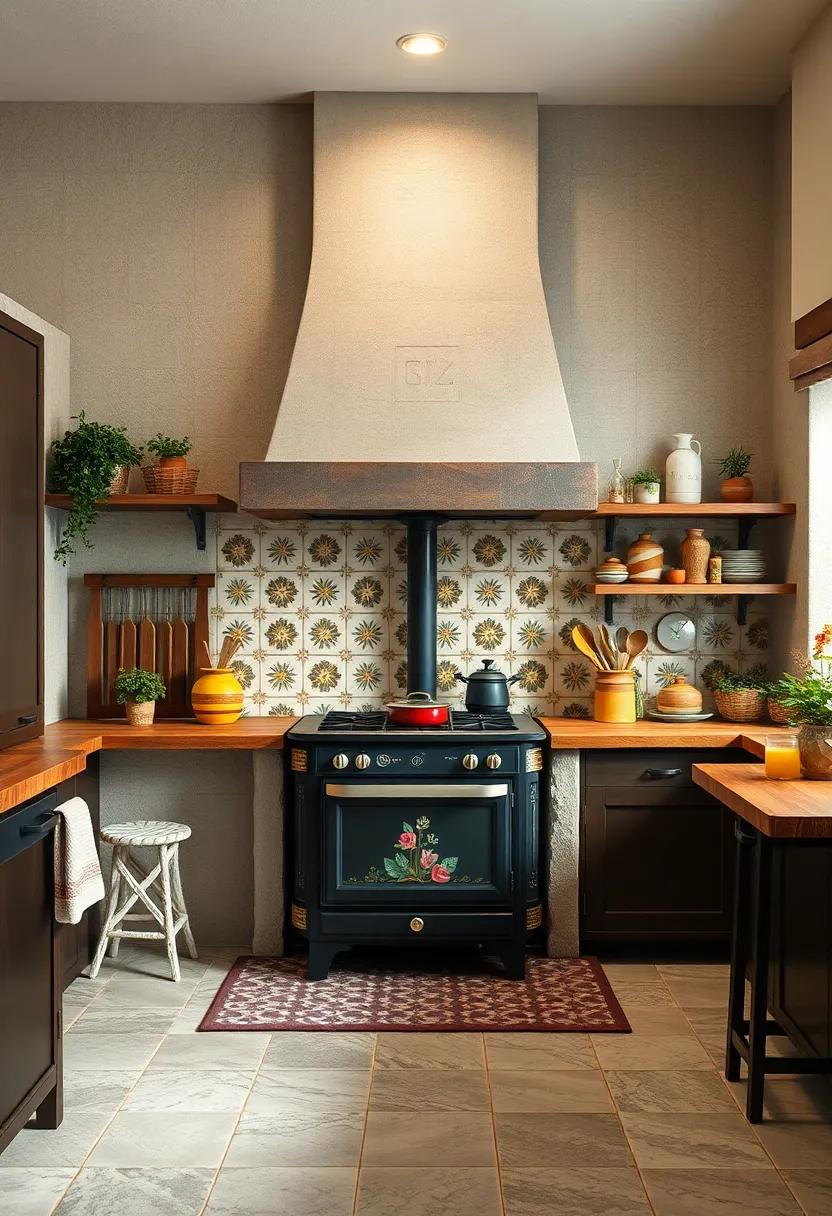 Hand-Painted Ceramic Tiles with Floral Motifs Surrounding a Wood-Burning Stove in a Cozy Kitchen