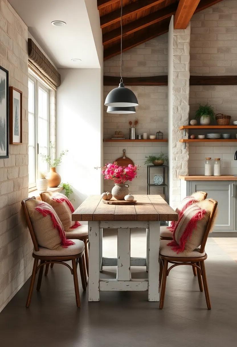An Inviting Dining Nook with a Distressed Wood Table and Soft Woolen Cushions on Chairs