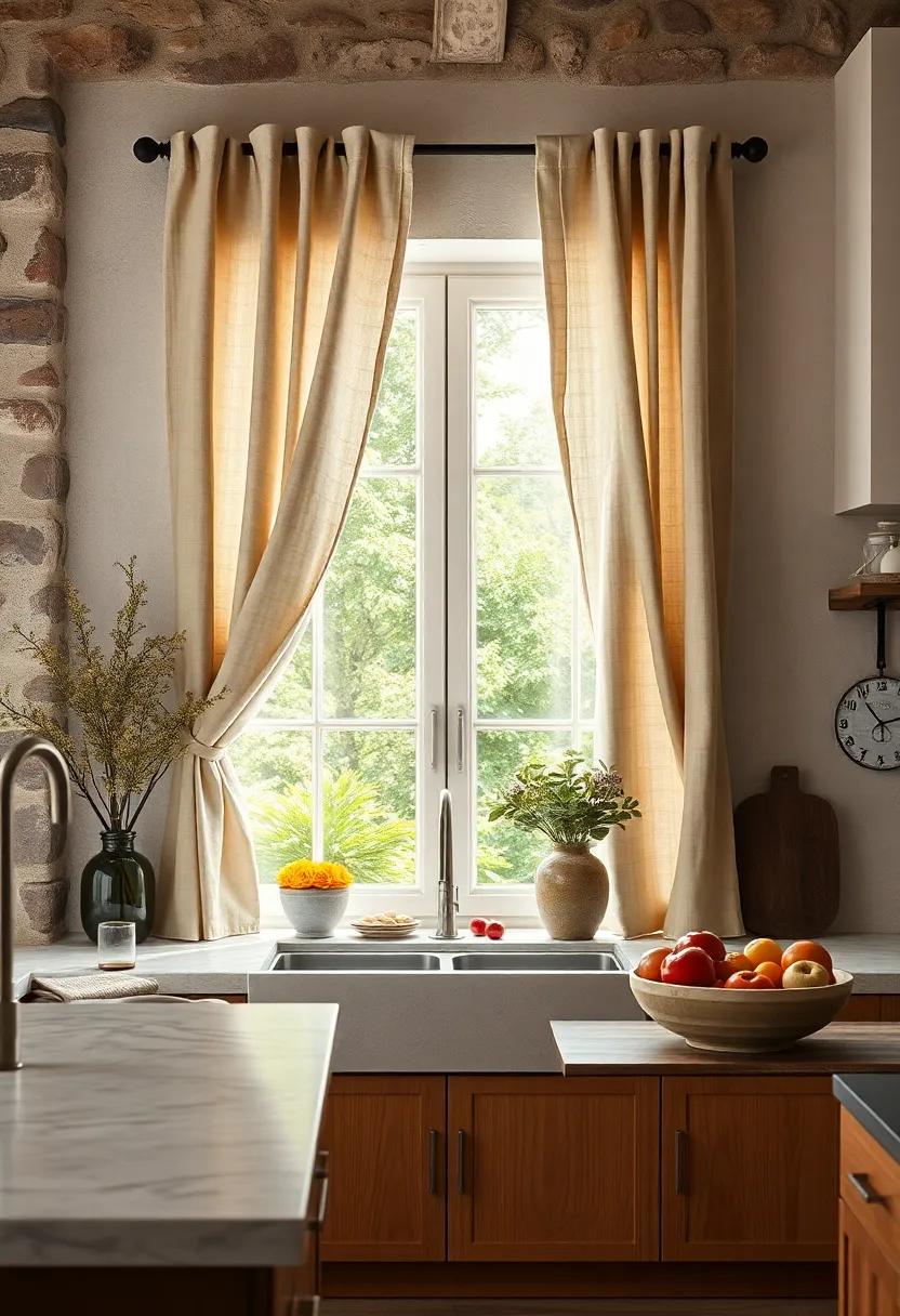 Natural Linen Curtains Framing a Window Overlooking a Lush Garden in a Country Kitchen