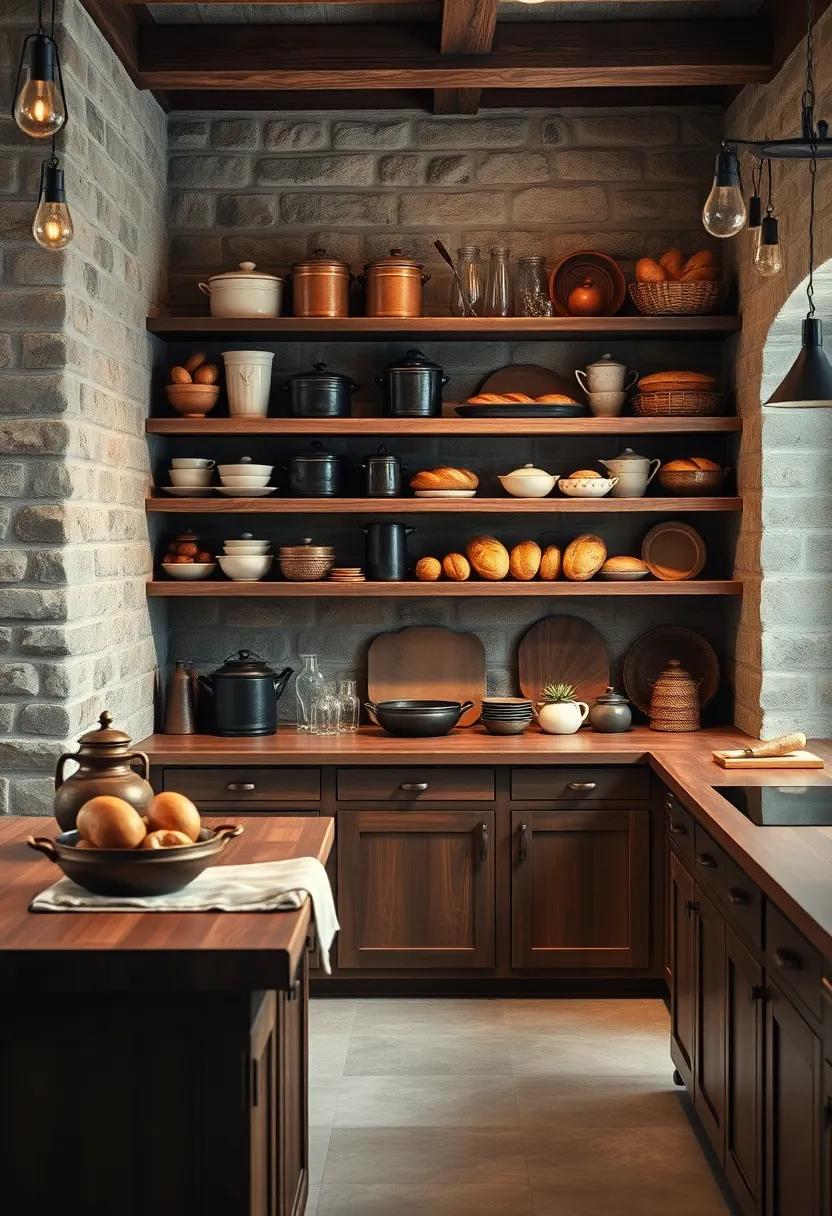 Rustic Open Pantry Shelves Showcasing Ancient Cookware and Freshly Baked Bread Loaves