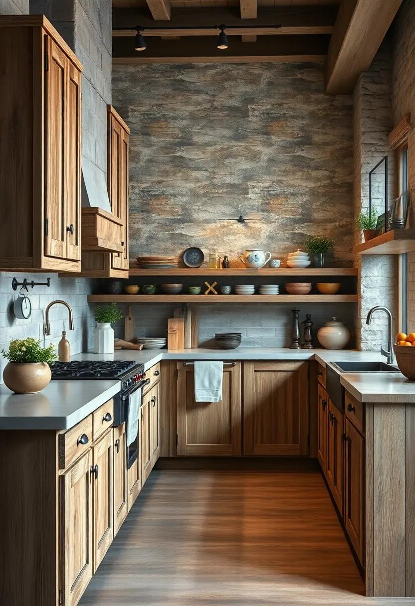 Rustic Wooden Cabinets Worn by Time with Vintage Metal Handles and Soft Ambient Lighting