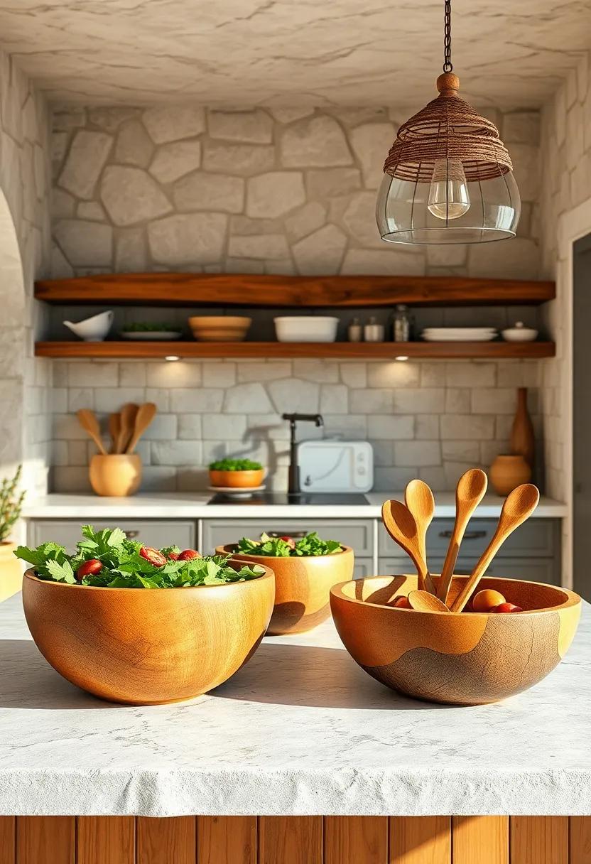 Sun-Dappled Wooden Salad Bowls and Hand-Carved Serving Utensils Arranged for Rustic Elegance