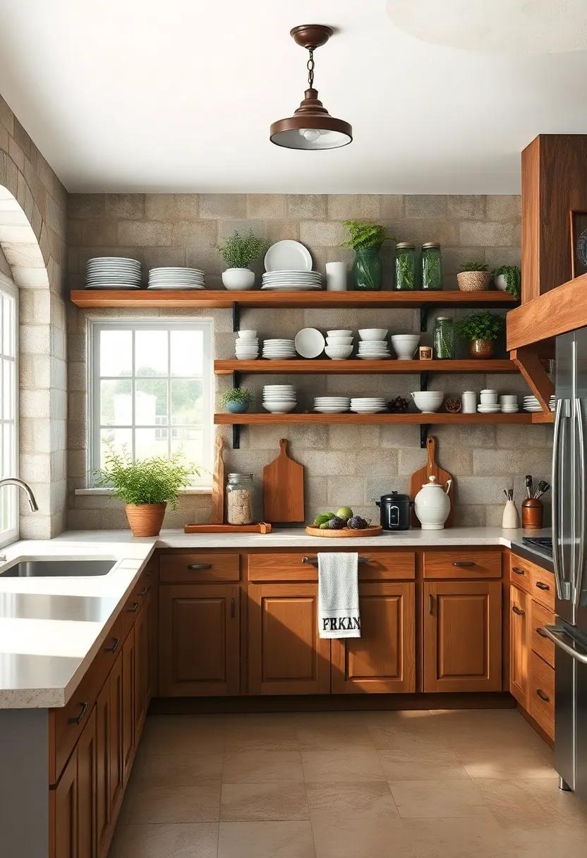 Sunlit Farmhouse Kitchen with Open Shelves Displaying Classic China and Mason Jars Filled with Herbs