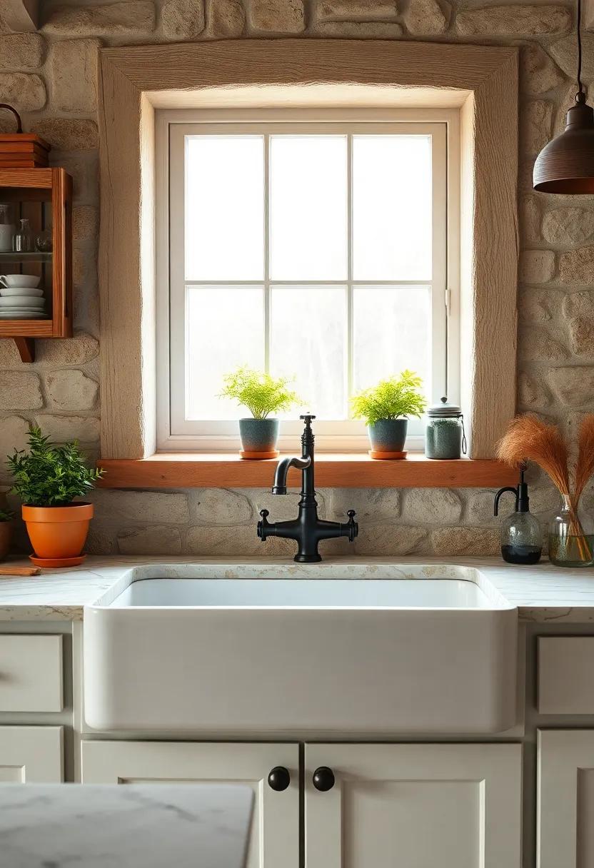 Timeless Ceramic Farmhouse Sink Set Beneath a Window with Rustic Iron Faucets and Plant Pots