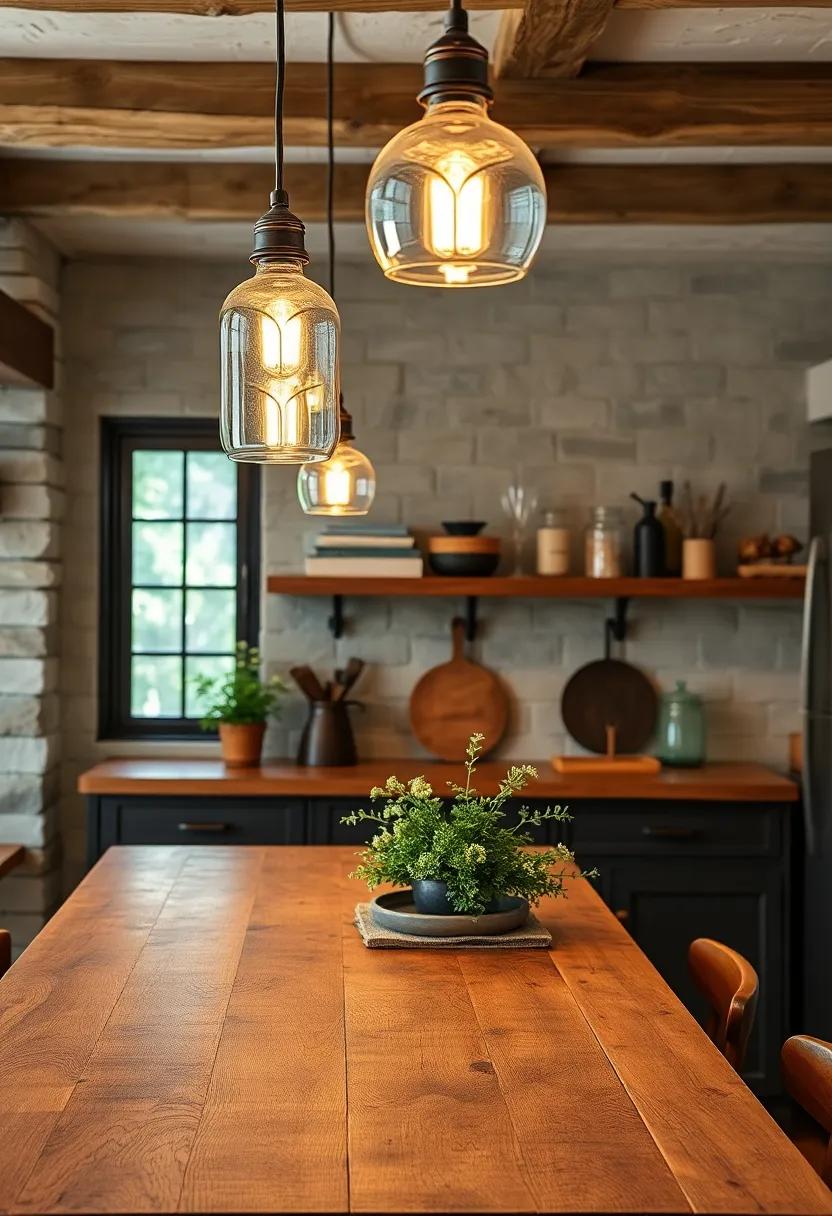 Vintage Glass Pendant Lights Casting Warm Glows Over a Reclaimed Wood Countertop
